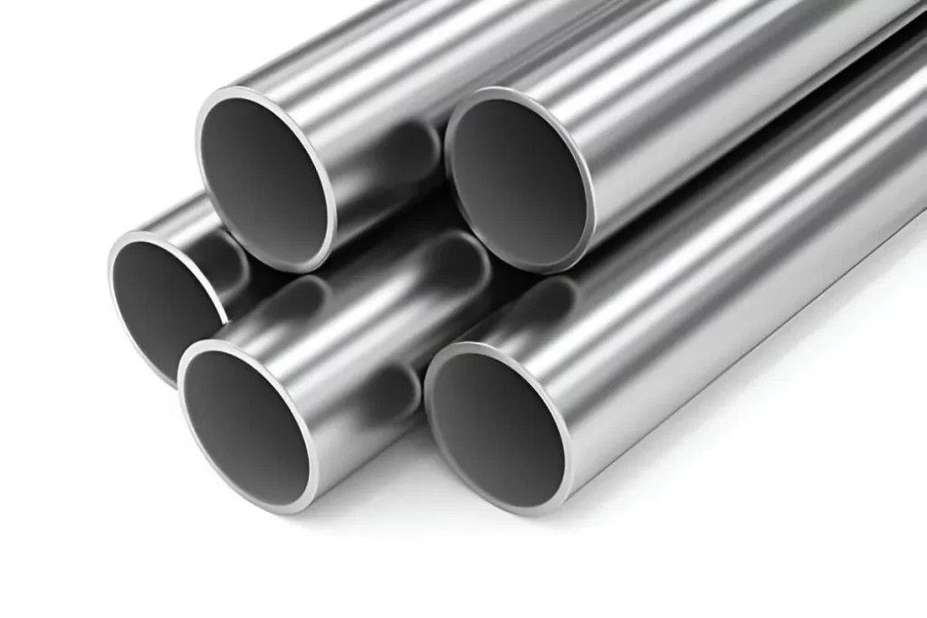 Shiny stainless steel pipes neatly arranged, with smooth, reflective surfaces.