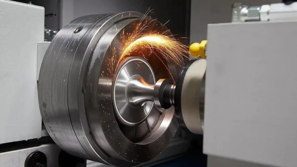 Titanium flange grinding in progress, with bright sparks visible.