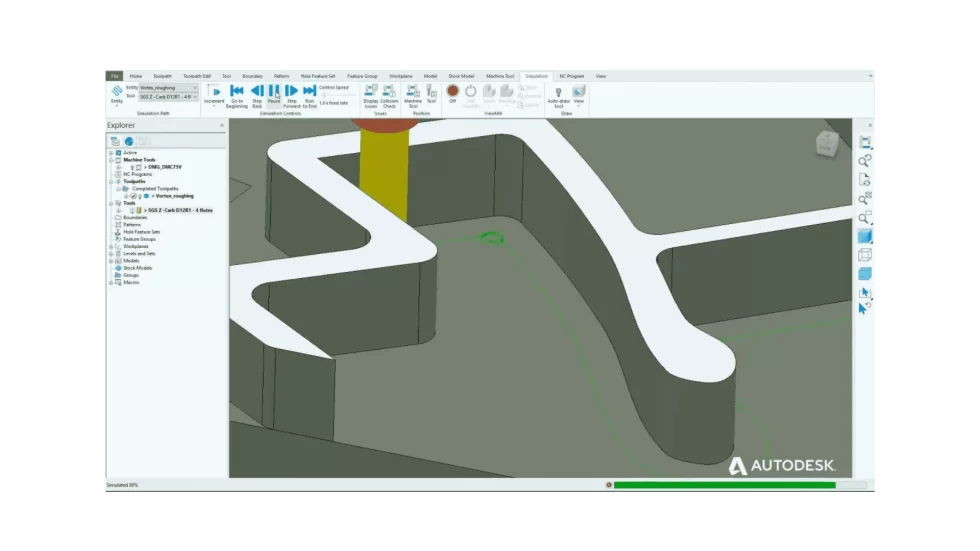 An illustration showing a part being milled in Autodesk software.