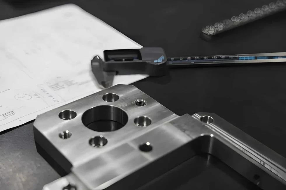 The image shows EDM-machined metal parts on an engineering drawing in a precision manufacturing workspace.