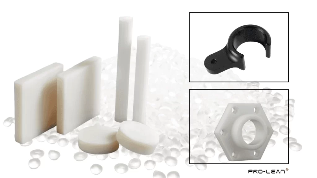 Raw HDPE rods and sheets on the left side and machined parts on the right side 