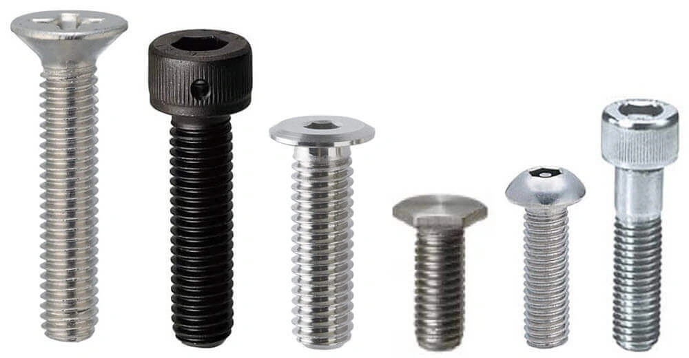 Different shapes and sizes of fasteners in a line