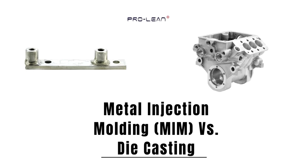 Feature blog image with side-by-side images of a mim part and die cast product and text overlaid (Metal Injection Moulding (MIM) Vs Die Casting)