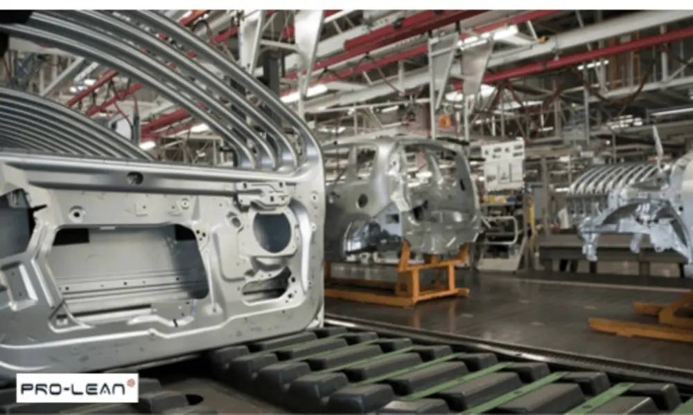 Car body panels in an automotive factory for vehicle production.