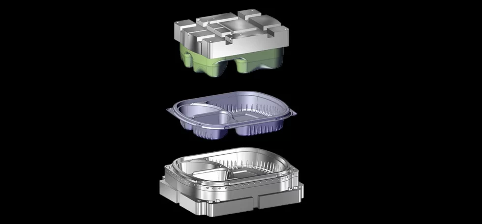 3D illustration of thermoforming mold process showing top mold, plastic food container, and bottom mold parts.