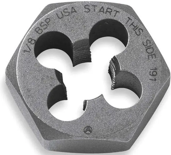 A closeup of a hex die made of high carbon steel