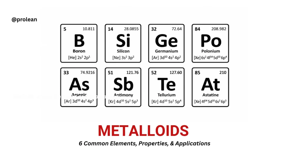 A visual representation of common metalloids, showing boron, silicon, germanium, arsenic, antimony, and tellurium.