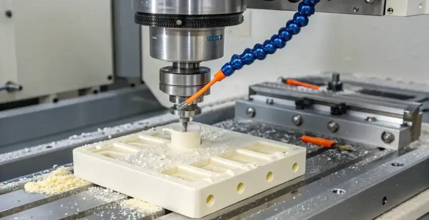 Precision CNC machining of a nylon plastic part on an industrial milling machine