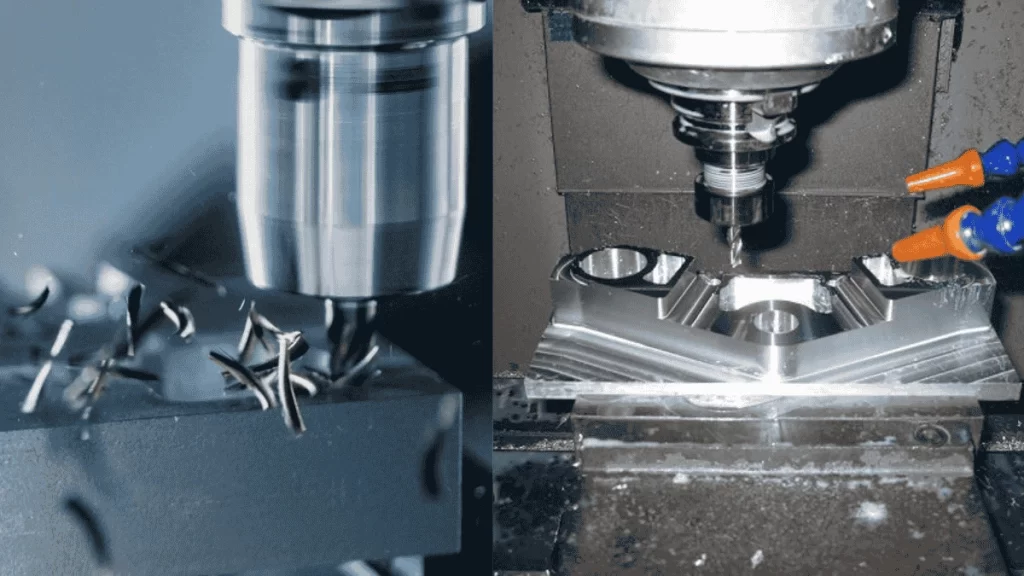 An image showing a close view of steel vs aluminum machining side-by-side