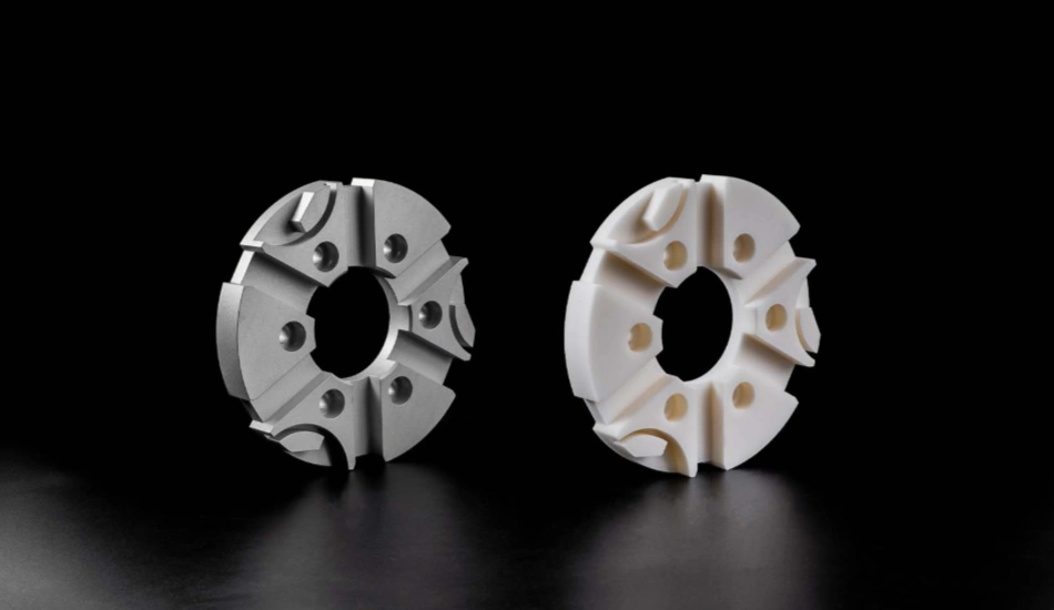 An image comparing a CNC-machined metal prototype and its white plastic replica