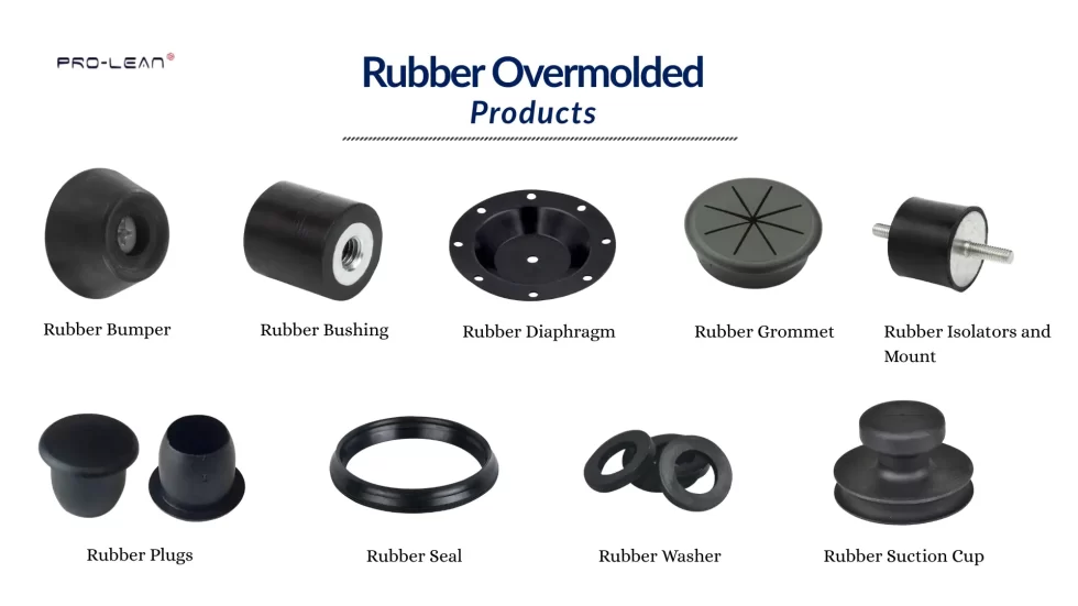 An infographic displaying standard rubber overmolded products/components.