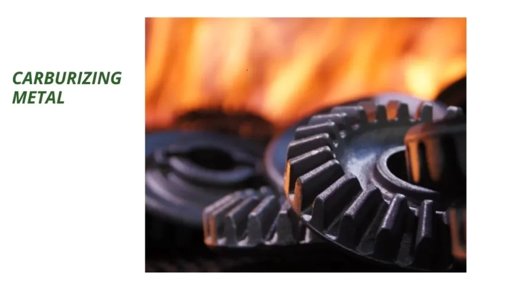 The image shows metal components inside a heat treatment furnace during carburizing.