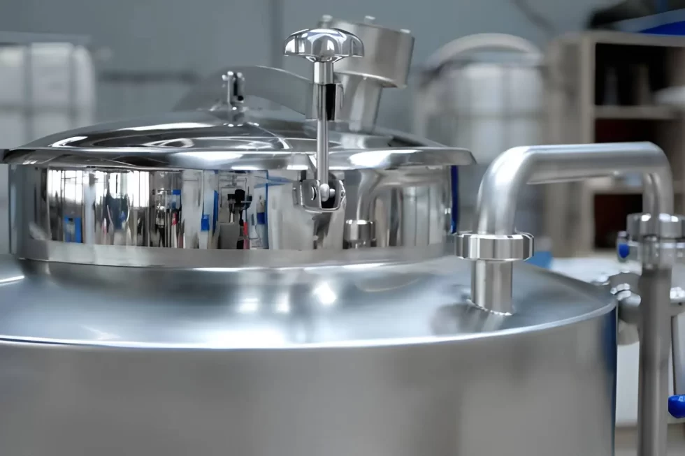 Stainless steel tank used in the food industry, showing corrosion-resistant finish.