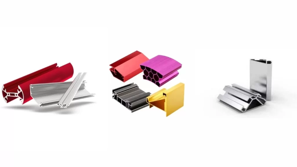 An image showcasing a variety of finished aluminum extruded products. It dictates complex and intricate design items.