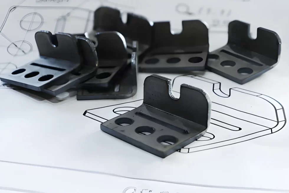 Black sheet metal parts with pre-cut holes and bent edges designed for tab-based joining.