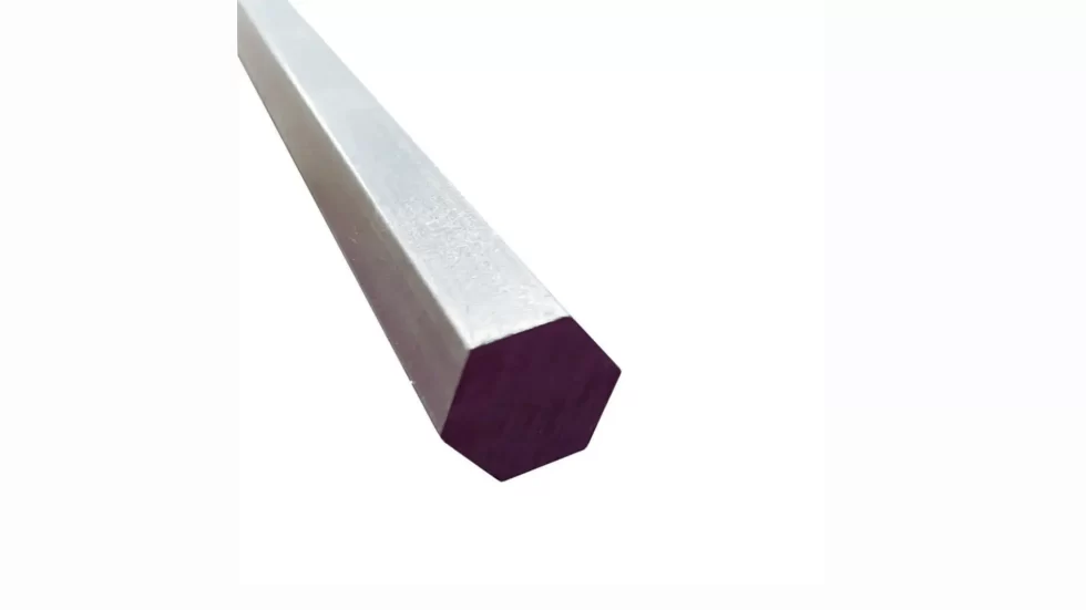 Hexagonal EN1A mild steel bar with smooth metallic gray surface.