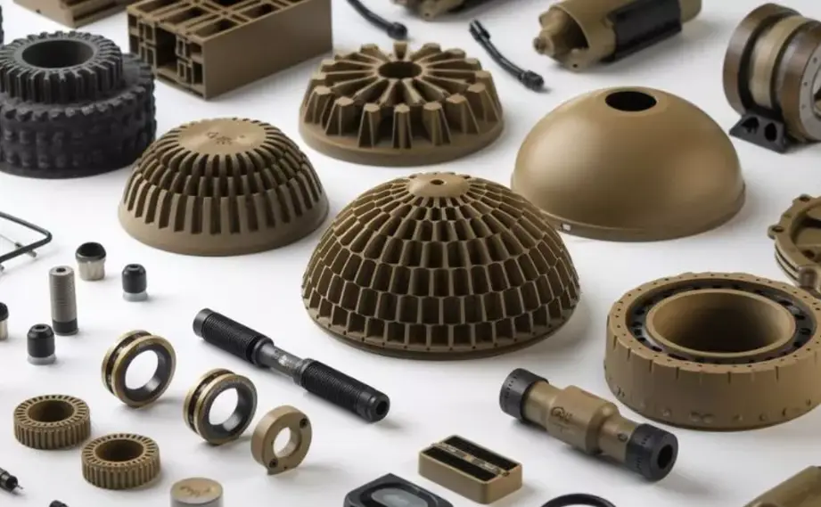 CNC-machined aerospace and defense ceramic components, including turbine-style gears, domed heat shields, and precision-engineered rings