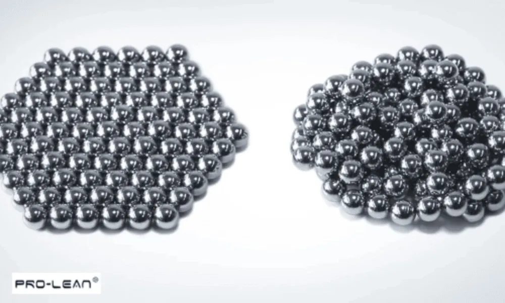 Two piles of shiny metal spheres, showcasing the distinct arrangement of amorphous alloys.