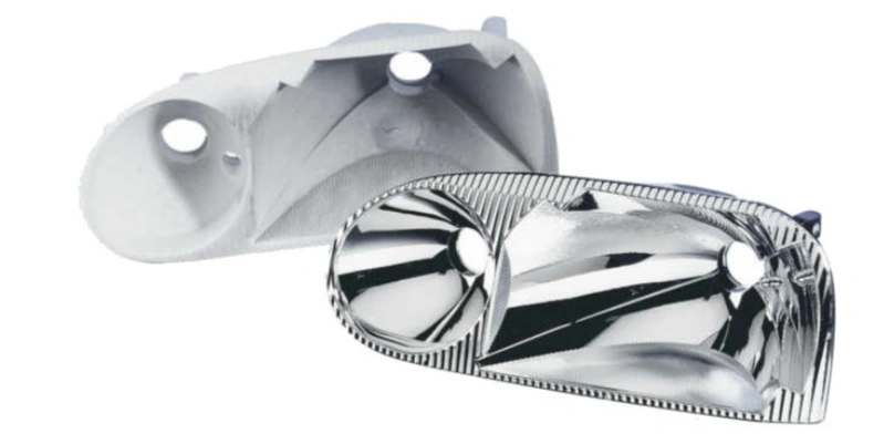 A closeup of a car headlight reflector 